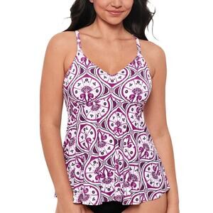 Swim Solutions Women Magenta Tiletale Underwire V-Neck Swim Tankini Top Size 8